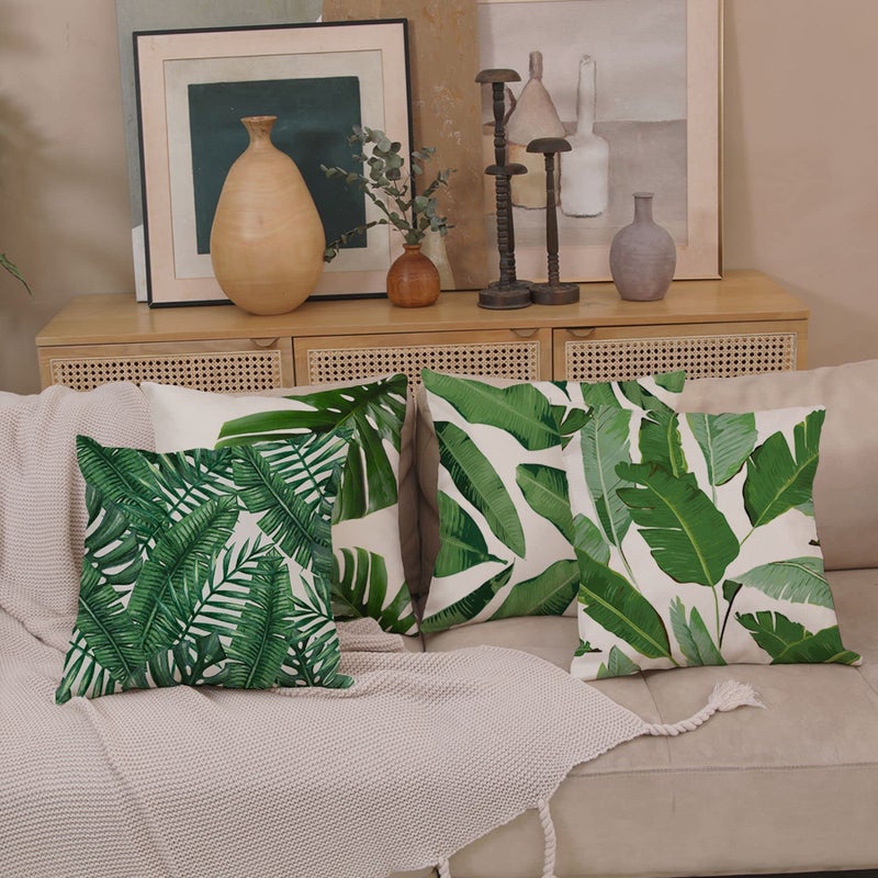 EZVING Pack of 4 Green Tropical Leaves Throw Pillow Cover Summer Palm Tree Leaf Outdoor Decorative Linen Square Cushion Cover with Hidden Zipper for Sofa Bed Couch Car Living Room Decor 18x18 Inch - Image 3